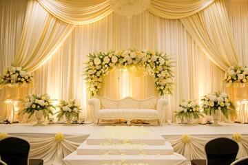 Sticker - Luxury wedding stage decoration. stage decoration for wedding. wedding ceremonies decoration. wedding hall decoration. elegant wedding stage with flowers. wedding stage decoration gold theme.