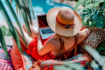 Female using a laptop and smartphone for booking hotel online. Tour reservation, Booking online concept