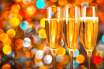 Glasses of champagne toasting in the night party. Celebration concept