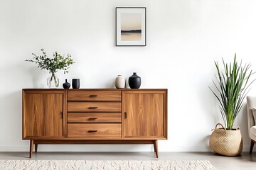  Wooden cabinet and accessories decor in living room interior on empty white wall background 