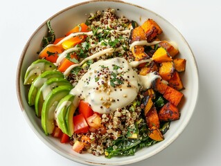 Wall Mural - A colorful and appetizing quinoa salad bowl featuring a variety of vegetables, topped with a creamy dressing.