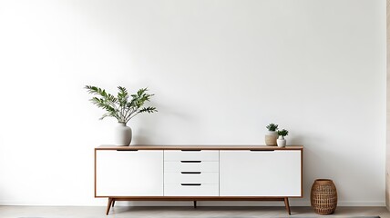 Wall Mural -  Wooden cabinet and accessories decor in living room interior on empty white wall background 