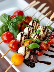 Wall Mural - An image of caprese salad skewers, featuring cherry tomatoes, mozzarella balls, and basil leaves drizzled with balsamic glaze.