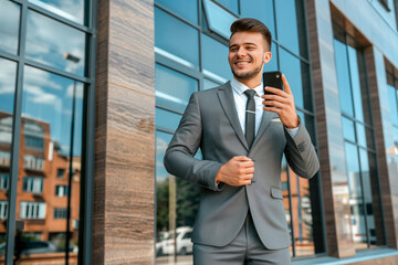 Portrait of attractive confident modern smiling happy adult dressed gray suit man holding a phone and standing outside near office building. Online work, communication. Copy space