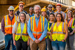 © MVProductions - Portrait of engineer man smiling in diverse group of team on construction site