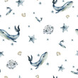 Watercolor seamless sea pattern. Endless pattern with underwater world, ocean whale, seastar, shells. Underwater background. Cute baby pattern for fabric, clothing, textiles