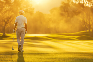 Professional male golfer wearing sport wear in golf tournament on beautiful green course