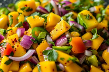 Wall Mural - A close-up view of a vibrant mango salsa, featuring diced mango, red onion, green herbs, and bell peppers.