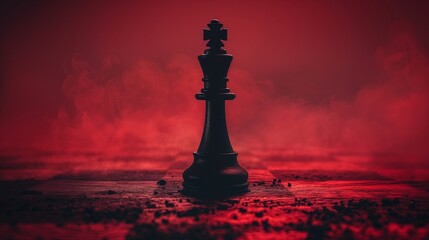 Black king chess piece with smoke on a red background. Strategic thinking and leadership concept. Design for motivational poster or banner.