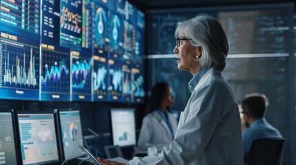 Wall Mural - Hispanic Female Senior Data Scientist monitoring with desktop computers, charts, graphs