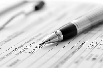 Poster - Pen lying on a financial report, closeup on key figures