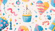 Birthday Background with cupcake confetti cap sparkle. Pattern for birthday background