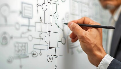 Leinwandbilder - Closeup of a manager's hand drawing a flowchart on a whiteboard