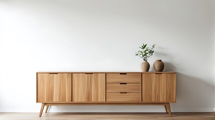 Wall Mural -  Wooden cabinet and accessories decor in living room interior on empty white wall background 