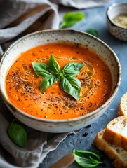 Wall Mural - A vibrant bowl of tomato soup garnished with fresh basil leaves, accompanied by slices of bread on a textured blue background.