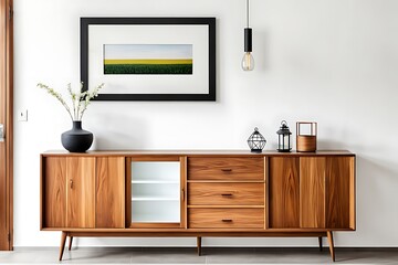 Wall Mural -  Wooden cabinet and accessories decor in living room interior on empty white wall background 