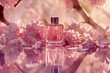 perfume bottle surrounded by dewy pink flowers on reflective table fragrance ad