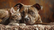 Adorable close-up of a curious kitten and a gentle dog looking at each other, capturing a moment of animal friendship