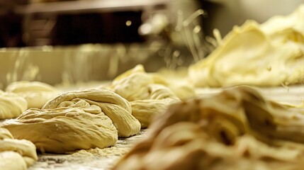 Poster - Close-up on dough being kneaded by machinery in a bakery, detailed texture and motion 