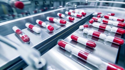 Poster - Close-up of pills being encapsulated in a pharmaceutical factory, detailed machinery and precise dosage 