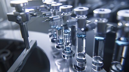 Poster - Automated syringe filling line, close-up, precise mechanical movements, sterile environment 