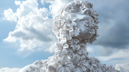 3D of a human torso where the skin texture transitions into floral patterns, illustrating the concept of growth and flourishing well-being