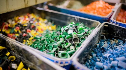 Sticker - Recycled plastics being sorted by color and type, close-up, detailed bins and sorting process