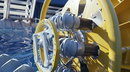 Wave energy converter being assembled, close-up, detailed buoyancy modules and linkage 