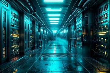Poster - server room data center with rows of server racks.