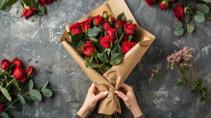 Elegant bouquet of red roses in hands