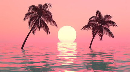 Wall Mural - Serene Tropical Sunset With Palm Trees Over Ocean