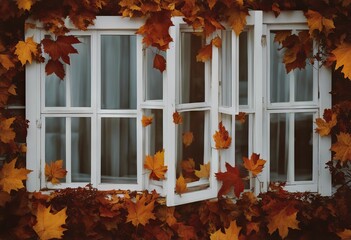 Wall Mural - autumn leaves windows two wooden out season Trees white Fall closed