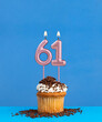 Candle number 61 - Birthday card with cupcake on blue background