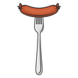 Vector Flat Sausage and Fork with Outline Closeup Isolated on a White Background. Cartoon Sausage Design Template, Outline Color Illustration