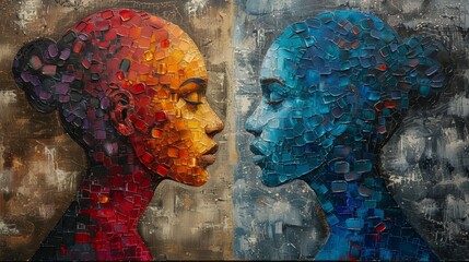 Vibrant mosaic painting depicting two profiles facing each other