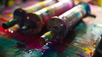 Canvas Print - Close-up of a printing press in action, detailed rollers applying ink to paper, vibrant colors 