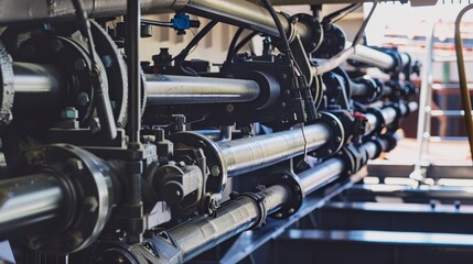 Wall Mural - Close-up of hydraulic systems being installed in a ship, detailed pipes and fittings 