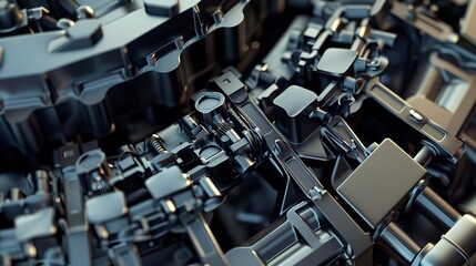 Poster - Ship engine assembly, close-up, detailed components being bolted together 