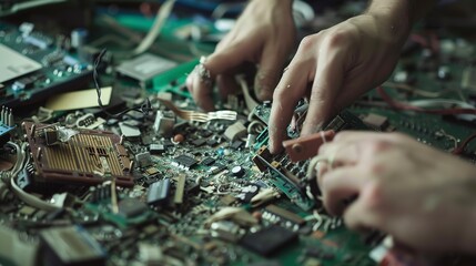 Poster - Sorting electronic waste, close-up, detailed hands picking through components 