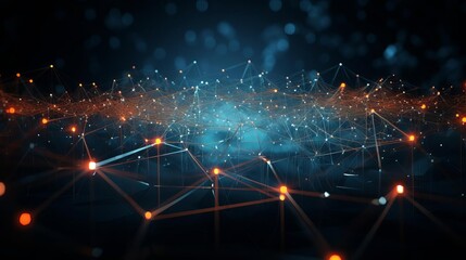 Abstract AI and internet networking plexus, wide lens, lowkey lighting