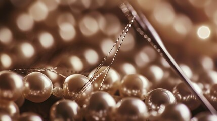 Canvas Print - Stringing pearls for a necklace, close-up, detailed needle and thread through delicate pearls 