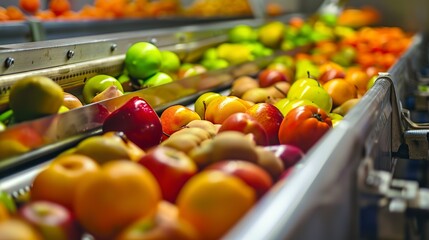 Canvas Print - Sorting fruits on a conveyor belt, close-up, detailed selection and vibrant colors 