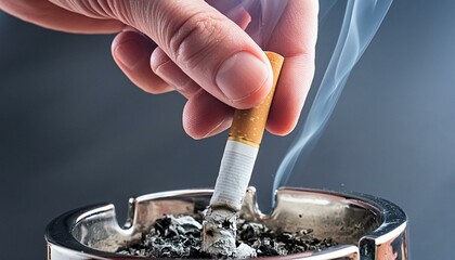 Macro view of a man's hand putting out a cigarette in an ashtray.
