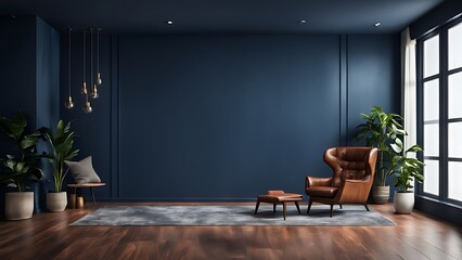 Wall Mural -  Modern interior of living room with leather armchair on wood flooring and dark blue wall 