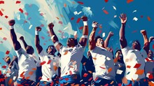 Cheerful Rugby Players Celebrating Their Victory. Sports. Illustrations