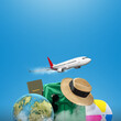 Flying airplane with globe, suitcase, passport, and beach hat on a colored background. Ready for traveling