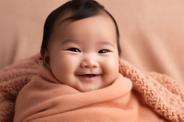 Wall Mural - imagine A baby boy with chubby arms and a sweet smile, nestled in a soft blanket against a gentle peach-colored background.