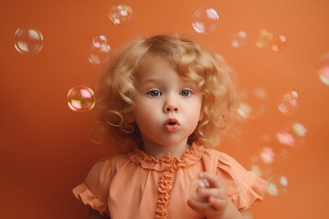 Wall Mural - imagine A toddler with tousled hair and a playful expression, blowing bubbles against a gentle peach-colored backdrop.