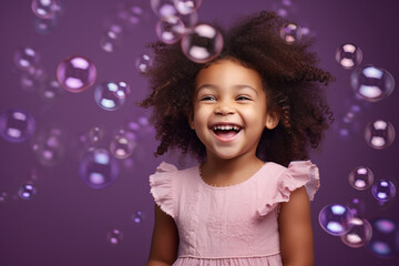 Canvas Print - imagine A little girl with curly hair and a bright smile, wearing a frilly pink dress, blowing bubbles against a pastel purple backdrop.