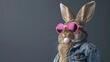 Funny rabbit wearing jeans jacket and pink sunglasses with chewing gum. cartoons. Illustrations